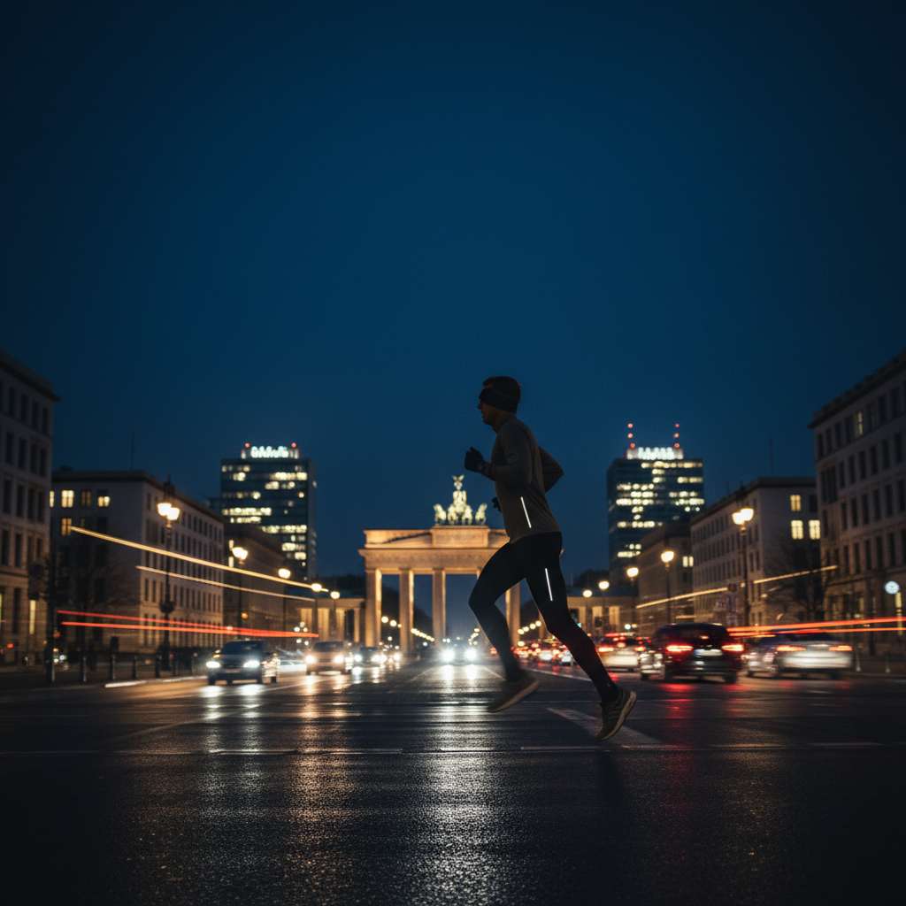 Runner sprinting at night in Berlin with city lights