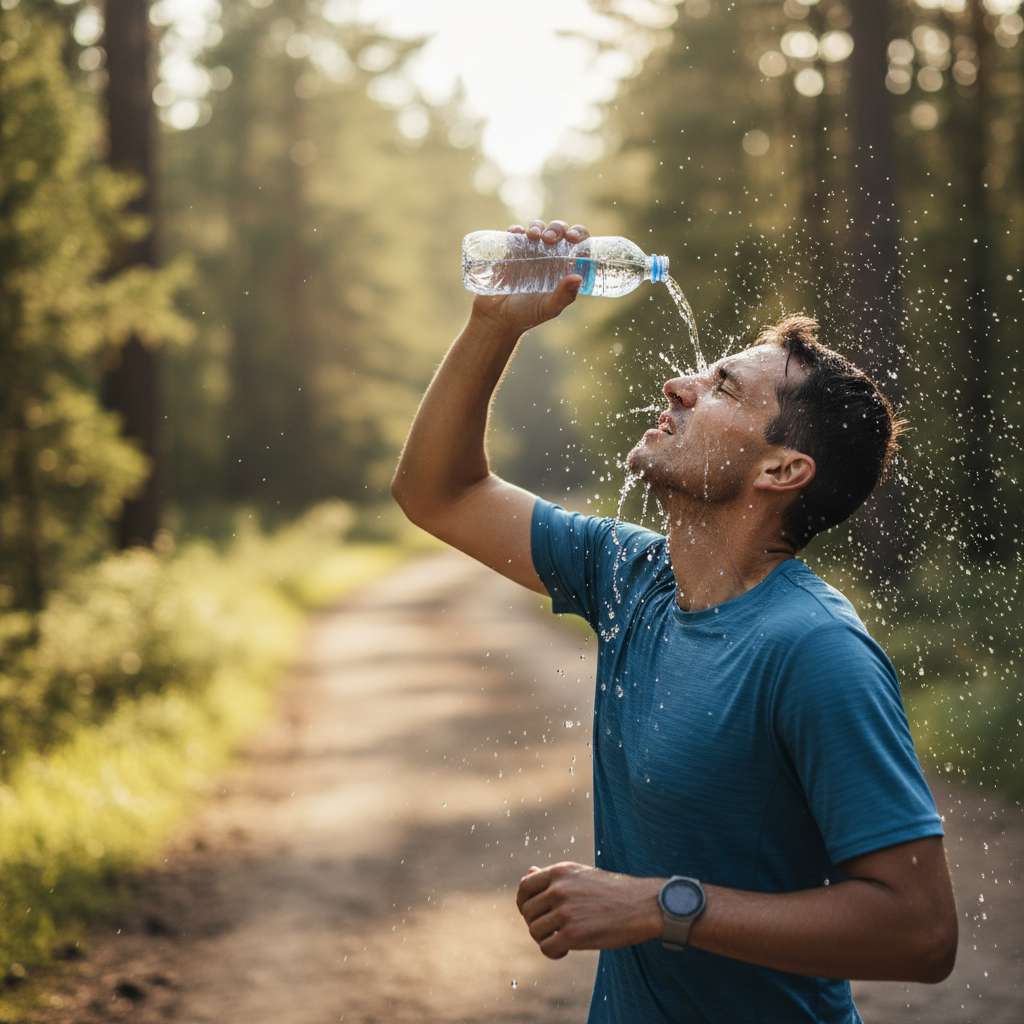 Runner splashing water on face during race
