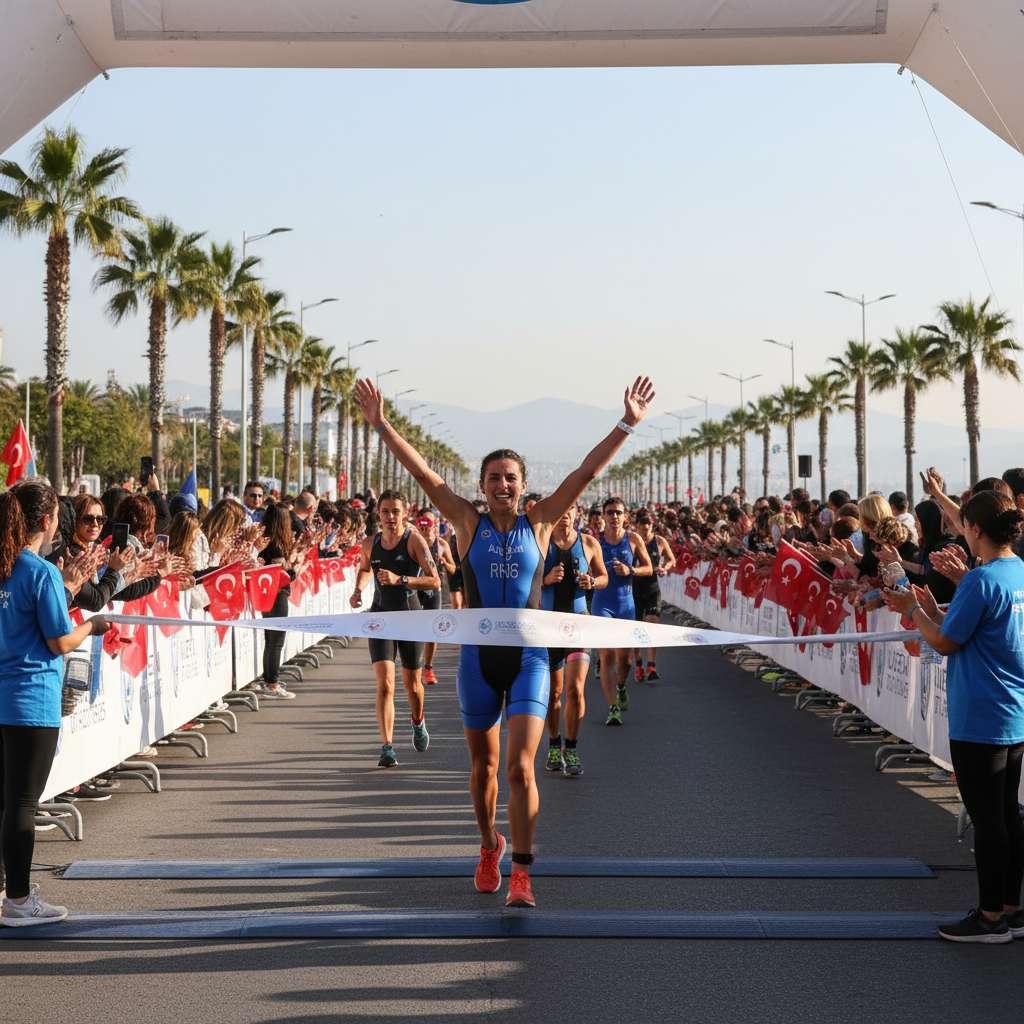 Triathlon athletes crossing the finish line in Izmir